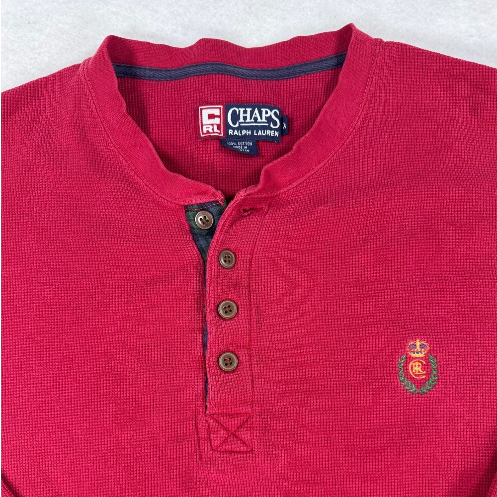 Chaps Ralph Lauren Mens XL Red Waffle Knit Henley Long Sleeve Shirt Crest‎ Logo